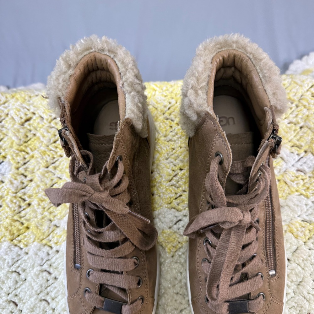 UGG Olive Chestnut Brown Leather Sheepskin High Top Sneakers‎ 1019716 Womens 8.5